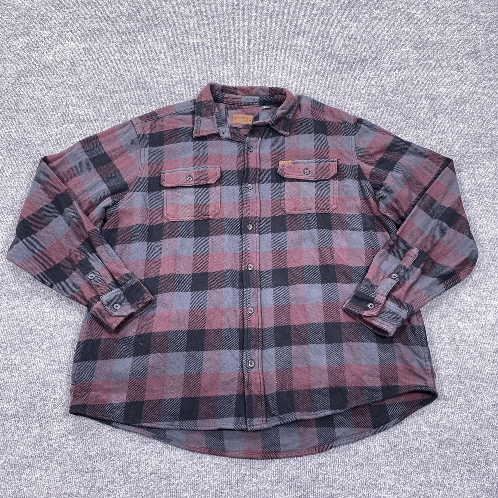Orvis Flannel Shirt Jacket Mens 2XL Red Gray Plaid Quilted Shacket Pockets - Picture 1 of 9